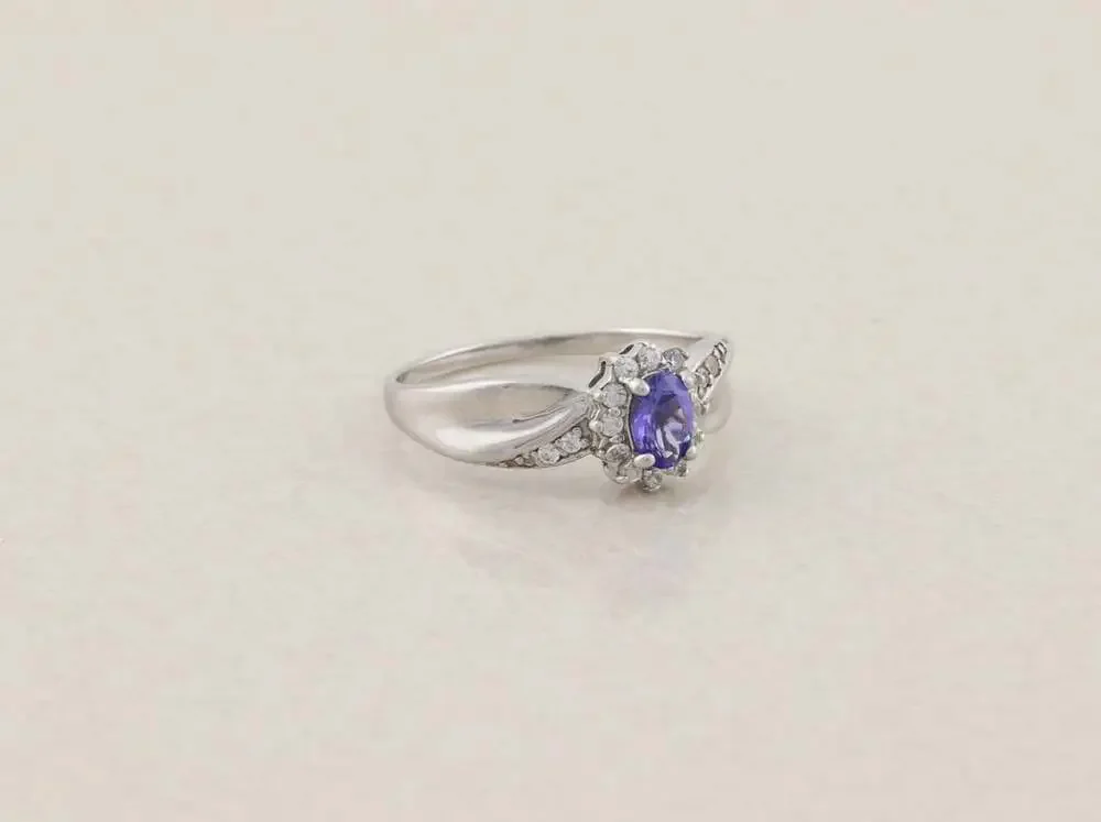 Sterling Silver Natural Tanzanite & White Zircon Ring Size 9 1/4